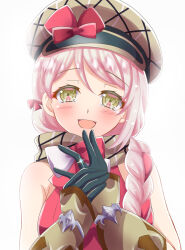 Rule 34 | :d, black gloves, blonde hair, bow, braid, breasts, brown scarf, deerstalker, fire emblem, fire emblem engage, framme (fire emblem), gloves, happy, hat, hat ribbon, highres, jewelry, long hair, medium breasts, multicolored hair, nintendo, open mouth, ornate ring, pink bow, pink hair, pink shirt, plaid, plaid clothes, plaid headwear, plaid scarf, rein rise, ribbon, ring, scarf, shirt, single braid, sleeveless, sleeveless shirt, smile, two-tone hair, wedding ring, white background, wrist guards, yellow eyes