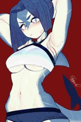 Rule 34 | 1girl, armpits, blue hair, blue panties, blue skin, blush, breasts, bright pupils, closed mouth, colored skin, cowboy shot, cropped shirt, fins, fish tail, gills, grey eyes, grey skin, hands up, highres, large breasts, looking at viewer, monster girl, multicolored hair, multicolored skin, navel, original, panties, presenting armpit, red background, shark fin, shark girl, shark tail, shirt, signature, solo, sparrowl, standing, stomach, streaked hair, tail, two-tone skin, underboob, underwear, white pupils, white shirt