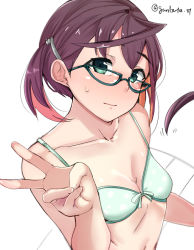 Rule 34 | 1girl, black hair, blue-framed eyewear, blush, bra, breasts, brown hair, chirashi (so), closed mouth, glasses, green bra, green eyes, kantai collection, multicolored hair, navel, okinami (kancolle), pink hair, short hair, simple background, small breasts, solo, sweatdrop, underwear, white background
