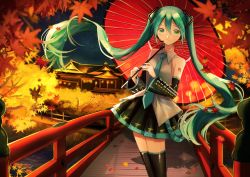 Rule 34 | 1girl, absurdres, aqua eyes, aqua hair, aqua nails, aqua necktie, architecture, autumn, autumn leaves, bare shoulders, black skirt, black sleeves, black thighhighs, bridge, commentary, cowboy shot, detached sleeves, east asian architecture, grey shirt, hair ornament, hatsune miku, headphones, headset, highres, holding, holding umbrella, huge filesize, kyoto, leaf, long hair, looking at viewer, maple leaf, mofmofmoffu, nail polish, necktie, night, night sky, oil-paper umbrella, outdoors, river, shirt, shoulder tattoo, skirt, sky, sleeveless, sleeveless shirt, smile, solo, standing, tattoo, temple, thighhighs, tree, twintails, umbrella, very long hair, vocaloid, zettai ryouiki