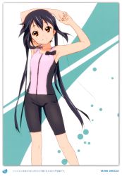 Rule 34 | 1girl, 2011, absurdres, armpits, arms up, bare shoulders, bike shorts, black hair, brown eyes, casual, dated, errant, highres, k-on!, long hair, nakano azusa, official style, signature, smile, solo, stretching, twintails