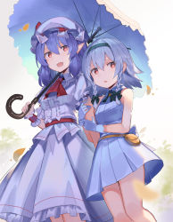 Rule 34 | 2girls, aged down, alternate costume, arm hug, ascot, bare arms, blue hair, bow, braid, dress, falken (yutozin), gloves, green bow, green hairband, hair bow, hairband, hat, hat ribbon, highres, holding, holding umbrella, izayoi sakuya, looking at viewer, medium hair, mob cap, multiple girls, open mouth, petals, pointy ears, pouch, puffy short sleeves, puffy sleeves, red ascot, red eyes, red ribbon, remilia scarlet, ribbon, shirt, short dress, short sleeves, silver hair, skirt, skirt set, sleeveless, sleeveless dress, smile, standing, touhou, twin braids, umbrella, white dress, white gloves, wrist cuffs