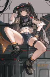 Rule 34 | 1girl, absurdres, ankle boots, bare legs, black gloves, black hair, black shorts, boots, box, brown footwear, brown jacket, closed mouth, commission, countryman (artist), full body, girls&#039; frontline, gloves, goggles, goggles on head, highres, jacket, long hair, mayling shen (girls&#039; frontline 2), midriff, navel, one side up, open clothes, open jacket, orange socks, shirt, short shorts, short sleeves, shorts, sitting, smile, socks, solo, thigh strap, very long hair, white shirt