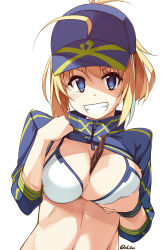 Rule 34 | 1girl, ahoge, artoria pendragon (fate), baseball cap, between breasts, bikini, blonde hair, blue eyes, blue hat, blush, breasts, candy, chocolate, chocolate bar, cleavage, commentary request, fate (series), female focus, food, food between breasts, hair between eyes, hair through headwear, hat, highres, large breasts, long hair, looking at viewer, mysterious heroine x (fate), mysterious heroine xx (fate), navel, ponytail, shikei, shrug (clothing), side-tie bikini bottom, simple background, solo, swimsuit, upper body, valentine, white background, white bikini