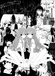 Rule 34 | absurdres, animal ears, bags under eyes, barefoot, commentary, completely nude, expressionless, greyscale, highres, holding hands, interlocked fingers, long hair, looking at viewer, monochrome, multiple girls, noroi (rnatataki), nude, original, school uniform, self-harm scar, shirt, sitting, translation request