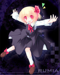 Rule 34 | 1girl, :d, ai takurou, black skirt, black vest, blonde hair, bow, brown footwear, character name, child, dress, embodiment of scarlet devil, eyes visible through hair, fang, female focus, footwear bow, frilled shirt collar, frills, full body, gradient background, hair ribbon, long sleeves, neck ribbon, open mouth, outstretched arms, red eyes, red ribbon, ribbon, rumia, shirt, shoes, short hair, skirt, skirt set, sleeves rolled up, smile, socks, solo, spread arms, touhou, vest, white shirt, white socks
