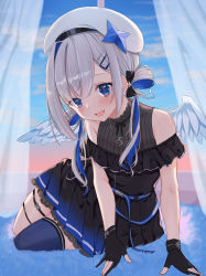 Rule 34 | 1girl, :d, absurdres, amane kanata, amane kanata (work), angel wings, asymmetrical bangs, bare shoulders, belt, beret, black dress, black gloves, blue belt, blue dress, blue eyes, blue hair, blue thighhighs, blush, colored inner hair, dress, feathered wings, gloves, gradient dress, grey hair, hair ornament, hair rings, hairclip, hat, high collar, highres, hololive, jewelry, looking at viewer, low twintails, mini wings, multicolored hair, necklace, open mouth, partially fingerless gloves, pink hair, pleated dress, runlan 0329, short dress, single hair intake, single thighhigh, sleeveless, sleeveless dress, smile, solo, star (symbol), star necklace, streaked hair, thigh strap, thighhighs, twintails, virtual youtuber, white wings, wings
