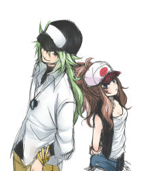 Rule 34 | 10s, 1boy, 1girl, :&lt;, baseball cap, breasts, brown hair, cleavage, couple, creatures (company), denim, denim shorts, game freak, green hair, hat, height difference, hetero, hilda (pokemon), long hair, n (pokemon), nintendo, pokemon, pokemon bw, pout, samu., shorts, simple background, size difference, small breasts, smile, white background