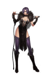 Rule 34 | 1girl, asymmetrical gloves, boots, breasts, choker, cleavage, diestro, feather boa, female focus, full body, gloves, hair over one eye, high heels, highres, knee boots, large breasts, long legs, mismatched gloves, original, purple eyes, purple hair, purple thighhighs, short hair, side slit, skull, solo, thighhighs, whip