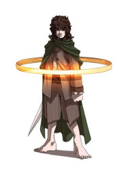 Rule 34 | 1boy, barefoot, brown hair, cape, cloak, curly hair, falcoon, frodo baggins, full body, hobbit, tolkien&#039;s legendarium, male focus, middle earth, solo, sword, the lord of the rings, weapon