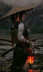 Rule 34 | 1girl, absurdres, basket, black hair, cat, earrings, fog, from side, glowing, glowing earrings, grey sky, guweiz, hat, highres, jewelry, katana, lantern, original, partially submerged, ponytail, rice hat, sheath, sheathed, side slit, sky, solo, sword, wading, water, weapon