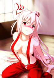 Rule 34 | &gt;:(, 1girl, angry, barefoot, bed sheet, blush, body blush, bow, bow panties, breasts, breasts apart, chaigidhiell, collarbone, covered erect nipples, embarrassed, female focus, floor, frown, fujiwara no mokou, fusuma, hair between eyes, hair bow, half updo, head tilt, highres, indoors, large breasts, leaning forward, light rays, long hair, looking at viewer, naked suspenders, no navel, no shirt, nose blush, open fly, panties, pants, pink panties, red eyes, revealing clothes, shouji, sideboob, silver hair, sitting, sliding doors, solo, sunbeam, sunlight, suspenders, tearing up, tears, touhou, unbuttoned, underwear, unzipped, v-shaped eyebrows, very long hair, wariza