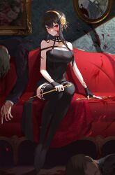 Rule 34 | 1girl, 2boys, absurdres, bare shoulders, black dress, black gloves, black hair, black thighhighs, blood, blood on breasts, blood on clothes, blood on face, blood on hands, blood on wall, bloody weapon, blush, breasts, broken glass, cleavage, commentary request, corpse, couch, dagger, death, dress, faceless, faceless male, flower, full body, glass, gloves, hair flower, hair ornament, hairband, highres, holding, holding weapon, knife, large breasts, long sleeves, looking at viewer, multiple boys, murder, nunsori, on couch, red eyes, revision, rose, sitting, sleeveless, sleeveless dress, smile, sparkle, spy x family, thighhighs, weapon, yor briar