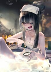 Rule 34 | 1girl, @ @, absurdres, alcohol, black hair, blue eyes, blunt bangs, blush, breasts, choko (cup), cleavage, cup, drooling, drunk, fang, grey hair, hair bun, highres, holding, holding cup, hololive, hololive dev is, juufuutei raden, long hair, looking at viewer, medium breasts, multicolored hair, naked towel, onsen, open mouth, pouring, pparus, saliva, sidelocks, single hair bun, skin fang, solo, streaked hair, towel, virtual youtuber, water