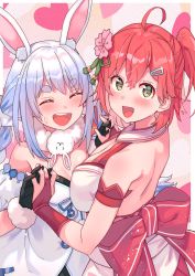 Rule 34 | 2girls, absurdres, ahoge, anger vein, animal ear fluff, animal ears, arm garter, armband, backless outfit, bare shoulders, black gloves, blue hair, blush, breasts, carrot hair ornament, cherry blossoms, cleavage, cleavage cutout, closed eyes, clothing cutout, detached sleeves, extra ears, flower, food-themed hair ornament, from side, fur trim, gloves, green eyes, hair between eyes, hair flower, hair ornament, hairclip, heart, heart-shaped pupils, heart background, highres, holding hands, hololive, large breasts, leotard, long braid, long hair, looking to the side, medium hair, multicolored hair, multiple girls, nontraditional miko, one side up, open mouth, pink hair, pink skirt, playboy bunny, rabbit ears, rabbit girl, sakura miko, sakura miko (old design), scarf, side ponytail, skirt, sleeveless, small breasts, smile, symbol-shaped pupils, teeth, thick eyebrows, tonarikeru, two-tone hair, upper body, upper teeth only, usada pekora, usada pekora (1st costume), virtual youtuber, white hair