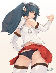 Rule 34 | 1girl, ass, bare shoulders, black panties, blue hair, breasts, butt crack, dark blue hair, detached sleeves, fuwafuwatoufu, gradient background, green eyes, grin, highres, isuzu (kancolle), kantai collection, large breasts, long hair, panties, pleated skirt, red skirt, school uniform, serafuku, skirt, smile, solo, thighhighs, twintails, twitter username, underwear, white thighhighs