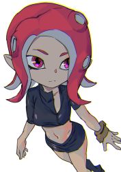 Rule 34 | 1girl, ashiomi masato, bracelet, breasts, closed mouth, jewelry, long hair, navel, nintendo, octoling, octoling girl, octoling player character, pointy ears, red hair, shirt, shorts, simple background, solo, splatoon (series), splatoon 2, standing, suction cups, tentacle hair, white background