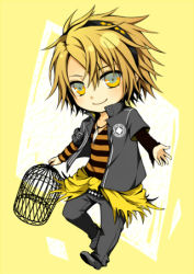 Rule 34 | 1boy, amnesia (idea factory), birdcage, blonde hair, cage, clothes around waist, cocori, diamond (shape), full body, hairband, jacket, jewelry, lowres, male focus, necklace, pants, shirt, shirt around waist, shoes, smile, solo, toma (amnesia), yellow background, yellow eyes
