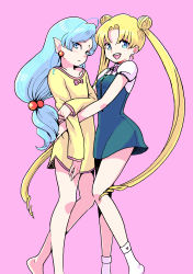 Rule 34 | 1990s (style), 1boy, 1girl, absurdres, bare legs, bishoujo senshi sailor moon, bishoujo senshi sailor moon supers, blonde hair, blue eyes, blue hair, bottomless, casual, double bun, dress, earrings, embarrassed, fish eye (sailor moon), hair bobbles, hair bun, hair ornament, hetero, highres, hug, jewelry, long hair, low-tied long hair, mini (minimilk), parted bangs, pink background, pointy ears, retro artstyle, short dress, simple background, socks, trap, tsukino usagi, twintails, very long hair, white legwear