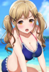 Rule 34 | 1girl, absurdres, arm support, bang dream!, beach, bikini, blonde hair, blurry, blurry background, blush, breasts, brown eyes, cleavage, collarbone, crossed bangs, curly hair, facing viewer, frilled bikini, frills, hair ornament, hairclip, highres, ichigaya arisa, medium breasts, midriff, noshimurin, ocean, open mouth, outdoors, solo, sweat, swimsuit, twintails, wavy hair
