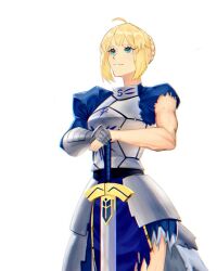 Rule 34 | 1girl, ahoge, armor, artoria pendragon (all), artoria pendragon (fate), blonde hair, blue dress, broken armor, closed mouth, cuirass, dress, exposed muscle, fate/extella, fate/extra, fate/grand order, fate/stay night, fate (series), gauntlets, green eyes, hair bun, holding, holding sword, holding weapon, lilyaholmes, looking to the side, muscular, muscular female, neck, saber (fate), simple background, solo, sword, torn clothes, torso, weapon, white background