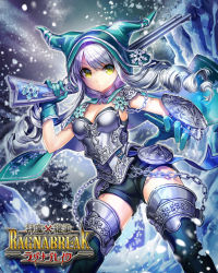 Rule 34 | 1girl, armor, boots, breasts, cape, chain, character request, cleavage, copyright name, esphy, fighting stance, frown, gloves, green gloves, grey hair, gun, hat, holding, holding weapon, long hair, shinma x keishou! ragnabreak, shorts, snowflakes, snowing, solo, thigh boots, thighhighs, twintails, weapon, yellow eyes