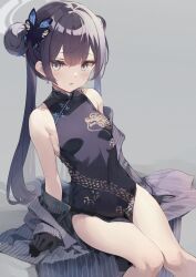 Rule 34 | 1girl, black dress, black gloves, black hair, blue archive, blush, breasts, butterfly hair ornament, china dress, chinese clothes, coat, covered navel, double bun, dragon print, dress, gloves, grey background, grey coat, grey eyes, hair bun, hair ornament, half gloves, halo, highres, kisaki (blue archive), koomoi, long hair, looking at viewer, off shoulder, pelvic curtain, pinstripe pattern, print dress, short dress, side slit, simple background, sitting, sleeveless, sleeveless dress, small breasts, solo, striped, striped coat, twintails, vertical-striped coat