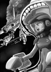 character_name cockpit gacha-m gaza-c gundam gundam_zz mecha mecha_pilot_suit monochrome puru_four robot space