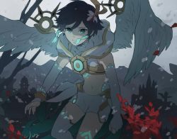 Rule 34 | 1boy, black hair, blue hair, braid, clenched hand, cloak, detached sleeves, feathered wings, feathers, fingerless gloves, flower, genshin impact, gloves, glowing tattoo, gradient hair, green eyes, hair flower, hair ornament, highres, hood, hood down, hooded cloak, instntmssl, jewelry, leaf, long sleeves, looking at viewer, male focus, midriff, mountain, mountainous horizon, multicolored hair, navel, ring, shorts, single thighhigh, sky, solo, tattoo, thighhighs, trap, twin braids, venti (archon) (genshin impact), venti (genshin impact), white flower, white thighhighs, wings
