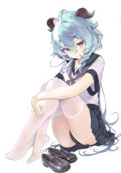 Rule 34 | 1girl, absurdres, ahoge, alternate costume, black footwear, black panties, blue hair, blue sailor collar, blue skirt, blush, closed mouth, commentary, crossed ankles, feet, full body, ganyu (genshin impact), genshin impact, goat horns, hair between eyes, haku89, highres, horns, knees up, loafers, long hair, neckerchief, no shoes, panties, purple neckerchief, red eyes, revision, sailor collar, school uniform, serafuku, shirt, shoes, unworn shoes, short sleeves, simple background, sitting, skirt, solo, thighhighs, underwear, very long hair, white background, white shirt, white thighhighs