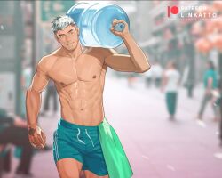 Rule 34 | 1boy, abs, aqua shorts, bara, blurry, blurry background, day, facial hair, goatee stubble, hand tattoo, katto8452, large pectorals, male focus, muscular, muscular male, mustache stubble, navel, nipples, original, outdoors, patreon username, pectorals, short hair, shorts, smile, solo, stubble, tattoo, topless male, white hair