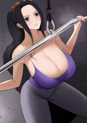 Rule 34 | 1girl, absurdres, alternate breast size, alternate costume, alternate hairstyle, amemuchizakuro, black hair, blue eyes, breasts, camisole, cleavage, closed mouth, exercising, expressionless, eyewear on head, from above, hands up, high ponytail, highres, huge breasts, impossible clothes, long hair, looking up, nico robin, one piece, pants, sitting, solo, sunglasses, sweat, wet, wet clothes