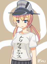 Rule 34 | 10s, 1girl, anchor hair ornament, black skirt, blonde hair, blue eyes, casual, clothes writing, collarbone, hair ornament, hair ribbon, kantai collection, long hair, no nose, open mouth, pleated skirt, prinz eugen (kancolle), ribbon, seo tatsuya, shirt, short sleeves, simple background, skirt, solo, sweatdrop, t-shirt, twintails, twitter username, white shirt