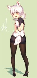 Rule 34 | 1girl, animal ears, ass, bare back, black pantyhose, braid, brown eyes, d:, dog ears, from behind, full body, green background, hands on own chest, high heels, highres, kuri choko, long hair, looking back, open mouth, original, pantyhose, pencil skirt, shadow, shirt, shoes, sidelocks, signature, silver hair, simple background, skirt, solo, standing, tail, twintails, watch, wristwatch