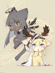 animal animalization antlers arknights blue_eyes cat chinese_commentary commentary_request detached_wings ears_through_headwear halo highres hood hood_up horns kuroba_ying moose_antlers open_mouth virtuosa_(arknights) viviana_(arknights) wings