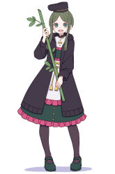 Rule 34 | 1girl, :d, absurdres, apron, bamboo, black coat, black hat, black pantyhose, blush stickers, bow, buttons, coat, dress, frilled dress, frills, full body, green dress, green eyes, green footwear, green hair, hat, highres, holding, kame (kamepan44231), one-hour drawing challenge, open clothes, open coat, open mouth, pantyhose, round teeth, shoes, short hair with long locks, sidelocks, simple background, smile, solo, standing, teeth, teireida mai, touhou, upper teeth only, waist apron, white apron, white background, yellow bow