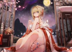Rule 34 | 1girl, absurdres, artist request, ass, azur lane, barefoot, blonde hair, blue eyes, breasts, chinese clothes, feet, foot focus, foreshortening, glorious (azur lane), glorious (pungent plum) (azur lane), hair ornament, highres, huge filesize, kanzashi, large breasts, lying, moon, nail polish, nineye, official alternate costume, petals, plant, potted plant, purple nails, sky, soles, star (sky), starry sky, table, toenail polish, toenails, toes, urn