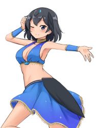Rule 34 | 1girl, ;), absurdres, alternate costume, bare shoulders, black hair, blue skirt, blush, bracer, breasts, dancer, head wings, highres, kemono friends, medium breasts, midriff, one eye closed, outstretched arm, shiraha maru, short hair, simple background, skirt, smile, solo, split mouth, superb bird-of-paradise (kemono friends), tail, twisted torso, twitter username, white background, wings