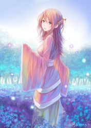 Rule 34 | 1girl, 2014, blue eyes, braid, brown hair, chinese clothes, dated, feihong, flower, forest, hair between eyes, hair ornament, japanese clothes, long hair, long sleeves, looking at viewer, looking back, nature, open mouth, original, outdoors, pink hair, signature, solo, tree, turning head, wide sleeves