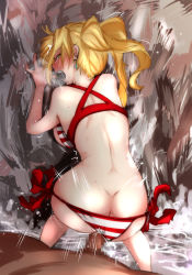 Rule 34 | 1boy, 1girl, all fours, ass, back, bikini, bikini bottom aside, blonde hair, blush, breasts, breath, butt crack, censored, clothed sex, clothing aside, commentary request, crying, dimples of venus, earrings, fate/grand order, fate (series), green eyes, hetero, highres, jewelry, looking at viewer, mosaic censoring, nero claudius (fate), nero claudius (fate) (all), nero claudius (swimsuit caster) (fate), open mouth, penis, ponytail, pov, red bikini, sex, sex from behind, string bikini, sweat, swimsuit, tareme, tears, user escc4347, valtor