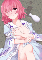 Rule 34 | 1girl, alcohol, breasts, curry man, drunk, female focus, japanese clothes, large breasts, lying, one eye closed, open clothes, pink hair, red eyes, saigyouji yuyuko, sake, short hair, smile, solo, touhou, wink