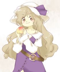 Rule 34 | 1girl, belt, blonde hair, brown belt, brown eyes, dress, food, fruit, hands up, hat, holding, holding food, holding fruit, long hair, long sleeves, loose belt, nonamejd, official style, peach, purple dress, solo, touhou, watatsuki no toyohime, white hat, zun (style)