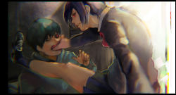 Rule 34 | 1boy, 1girl, black border, black sclera, black skirt, border, bow, bowtie, brown background, colored sclera, commentary request, feeding, force-feeding, grey jacket, hand up, highres, hood, hood down, jacket, kabedon, kaneki ken, kirishima touka, kyuuba melo, long sleeves, looking at another, one eye closed, parted lips, pleated skirt, red bow, red bowtie, red eyes, shirt, short hair, skirt, teeth, tokyo ghoul, white background, white shirt