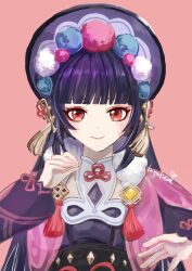 Rule 34 | 1girl, absurdres, black hair, blunt bangs, capelet, commentary request, dress, genshin impact, hat, highres, karakusa (ototsukiharu), long hair, long sleeves, looking at viewer, pink background, pink capelet, pom pom (clothes), purple dress, red eyes, simple background, smile, solo, upper body, very long hair, yun jin (genshin impact)
