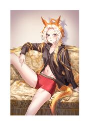 Rule 34 | 1girl, ahoge, animal ears, border, boxer briefs, breasts, brown hair, brown shirt, closed mouth, couch, feet out of frame, groin, highres, horse ears, horse girl, horse tail, long hair, long sleeves, male underwear, multicolored hair, navel, nayuta ggg, orfevre (umamusume), parted bangs, partially unbuttoned, popped collar, purple eyes, shadow, shirt, sitting, small breasts, solo, tail, toned, two-tone hair, umamusume, underwear, white border
