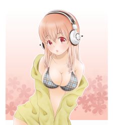 Rule 34 | 1girl, bad id, bad pixiv id, bare shoulders, bikini, bikini under clothes, blush, breasts, cleavage, female focus, headphones, highres, large breasts, long hair, looking at viewer, mono (bluebook), navel, nitroplus, off shoulder, open mouth, pink hair, red eyes, solo, super sonico, swimsuit, swimsuit under clothes