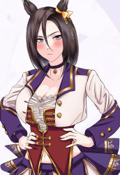 Rule 34 | 1girl, air groove (umamusume), akegata tobari, animal ears, black hair, blue eyes, bow, breasts, cleavage, collar, ear bow, frown, hands on own hips, highres, horse ears, horse girl, large breasts, looking at viewer, midriff, navel, short hair, solo, umamusume, yellow bow