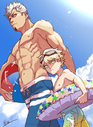 Rule 34 | 2boys, abs, age difference, ball, beachball, blonde hair, blue male swimwear, blue swim trunks, cloud, day, drawstring, fang, fang out, from side, goggles, goggles on head, gradient male swimwear, gradient swimsuit, green eyes, holding, holding swim ring, innertube, looking at viewer, looking to the side, male focus, male swimwear, multiple boys, navel, original, outdoors, print innertube, sakakibara mizuki, signature, size difference, sky, star (symbol), star print, striped, striped male swimwear, striped swim trunks, sun, swim ring, swim trunks, swimsuit, topless male, white hair, yellow eyes, yellow male swimwear, yellow swim trunks