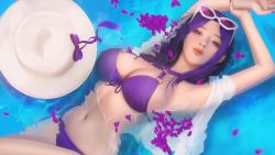 Rule 34 | 1girl, afloat, bikini, breasts, caitlyn (league of legends), cleavage, eyewear on head, hat, hat ribbon, highres, in water, korean commentary, league of legends, long hair, looking at viewer, medium breasts, mole, mole under eye, nail polish, navel, o-ring, o-ring bikini, parted bangs, petals, petals on liquid, pool party caitlyn, purple bikini, purple nails, purple ribbon, ribbon, smile, solo, sunglasses, swimsuit, thaumazo, water, white hat