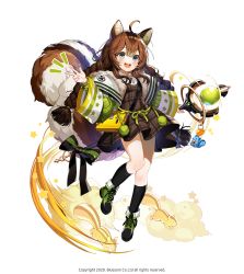 Rule 34 | 1girl, 2020, ahoge, animal ears, bag, bow, brown hair, character request, company name, copyright notice, dress, floating, full body, grey eyes, highres, holding, holding staff, jacket, lentain, low twintails, official art, open clothes, open jacket, open mouth, pinafore dress, shoes, shoulder bag, sidelocks, simple background, sleeveless, sleeveless dress, smile, socks, solo, squirrel ears, squirrel girl, squirrel tail, staff, tail, twintails, v, white background, wild girls